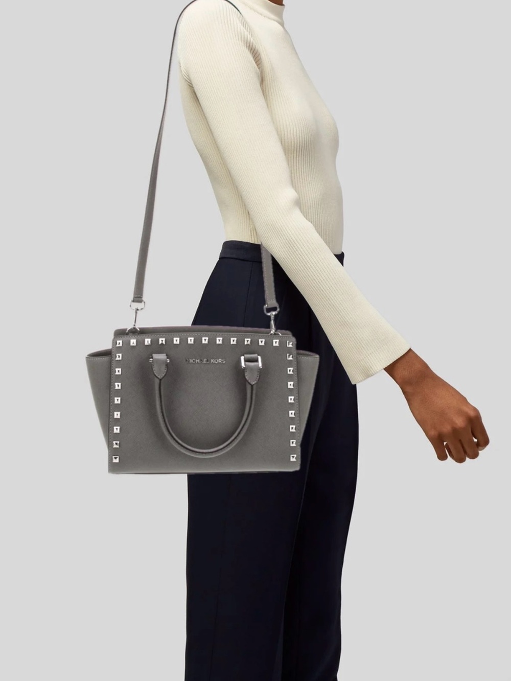 Michael Kors Selma Studded Satchel Handbag Gray Saffiano Leather